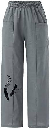 Ženske pamučne posteljine ležerne hlače plus pero ispis široke noge Elastični struk vrećica palazzo hlača s džepovima