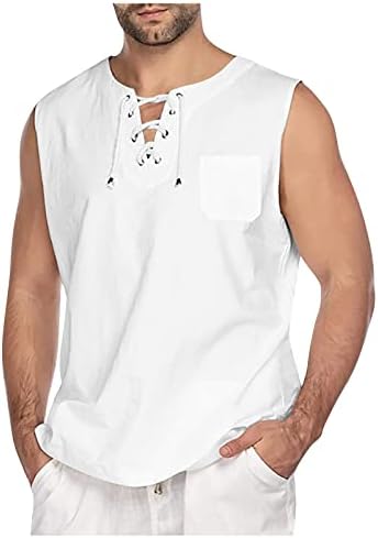 WENKOMG1 muški laneni tenk gornji dio običnog rukava bez rukava, ležerni gumb Up Redovita majica za fit