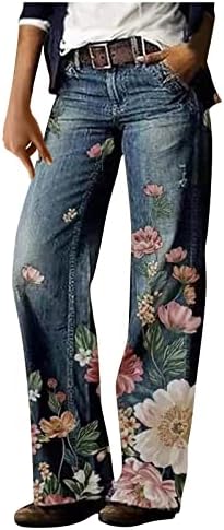 Visoki struk duge hlače dame Zipper Udobno ravna noga s džepovima casual vintage cvjetne hlače široke noge bez pojasa