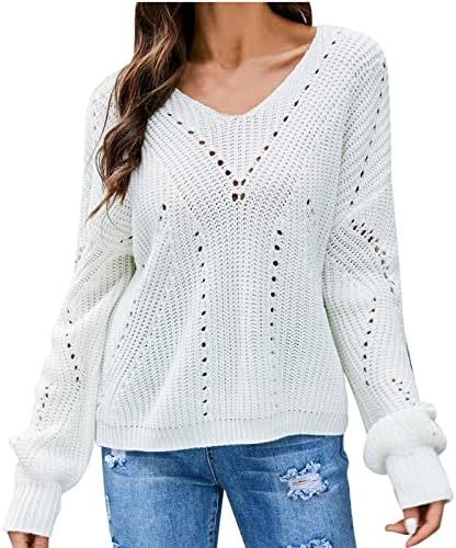 Ženski elegantni V vratni džemperi padaju dugi rukav kukičeni pleteni džemper pulover casual solida