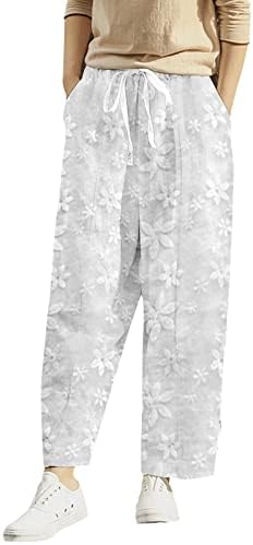 Pamučne lanene hlače za žene cvjetne vezene trenirke s širokim nogama visokog struka Čvrsto rastezanje ležerne ljetne hlače