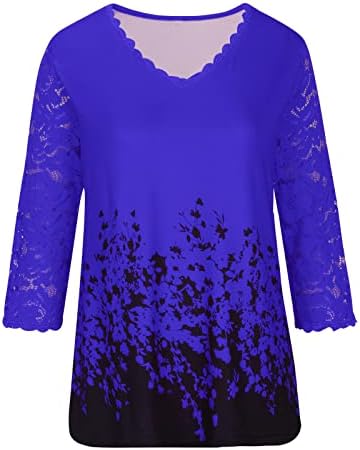 Kraljevska plava ljetna jesen gornja košulja za ženku 2023 odjeća 3/4 čipka s rukom v vrat grafički kapri top zb zb 3xl