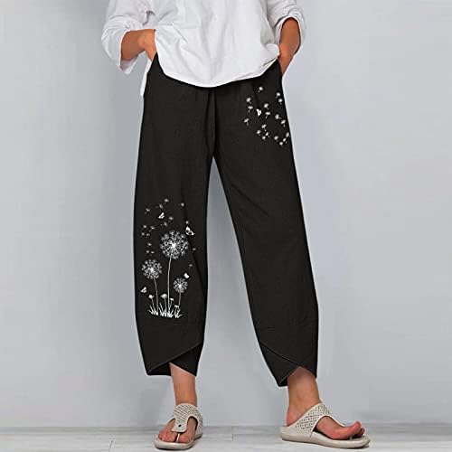 Beuu udobne hlače za žene za žene ležerni džepovi pamučna posteljina široka noga Elastični struk Capris usjevne hlače