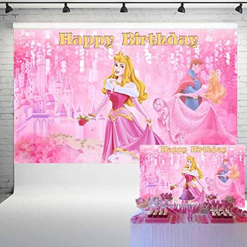 Pozadina princeze Aurore i princa, pozadina za rođendansku zabavu uspavane ljepotice, svjetlucavi ružičasti natpis za zaključavanje