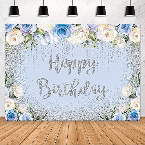 Mehofond plava pozadina sretnog rođendana plavo -bijela cvjetna srebrna svjetlucava ukras za rođendanski zastupnik rođendanska zabava