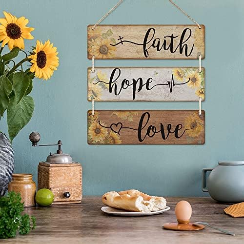 Vjera nade Ljubavni zidni dekor Suncokret Rustikalni Wood Sign 3 komada Farma Viseća ploča za kućnu kuhinju dnevna soba Spavaća soba