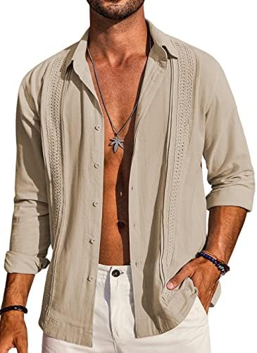 Coofandy muška kubanska košulja guayabera ležerna košulja gumba dolje košulje dugi rukavi plaža lanene majice vjenčanje ljeto
