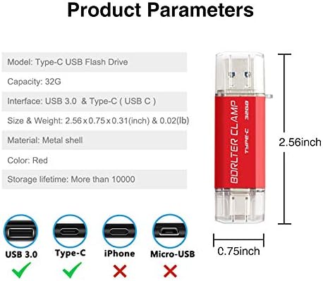 32GB USB Type-C Flash pogon 3.0 Dvostruki pogon, BorlterClamp USB C memorijski štap OTG pogoni pametnih pametnih telefona Samsung Galaxy