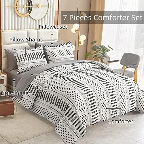DJY Boho Comforter Set Queen Size krevet u vrećici 7 komada crno -bijeli obrubljeni obrijani chic posteljina vezenja uljepšana pruga