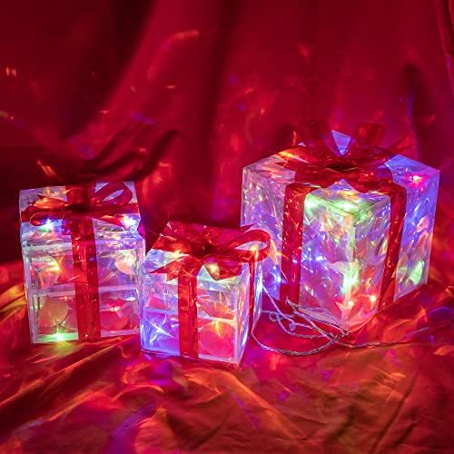 Hourleey set od 3 božićne osvijetljene poklon kutije, unaprijed osvijetljeno 60 LED svjetlosti ORNAMENSKI U ORMACIJI ZA UDRANOM OUTROORSKI