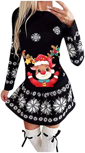 & Ženske božićne košulje s printom iz crtića, grafička kratka haljina s volanima na rubu, ležerni pulover s okruglim vratom s dugim