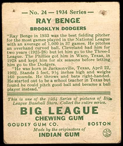 1934. Goudey 24 Ray Benge Brooklyn Dodgers Fair Dodgers
