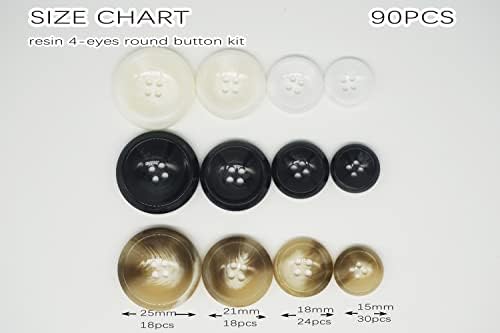 CLYAIYLC 90PCS Okrugli gumbi za zanatske 4-rupe, 3COLOR 4 veličine odijela Coats COAPS gumb za smolu, prikladno za šivanje odjeće za