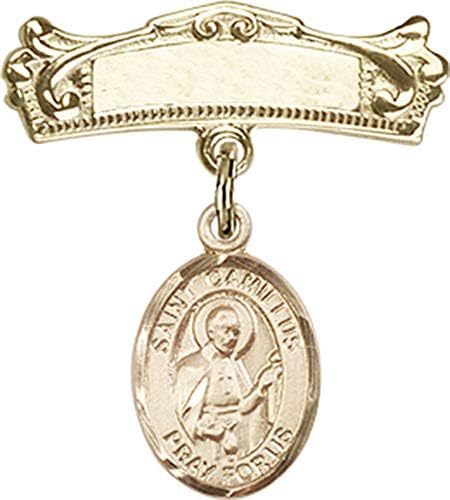 Dječja značka Ach s amuletom St Camille iz Lellisa i lučnom poliranom Pribadačom značke / zlatna dječja značka s amuletom St Camille