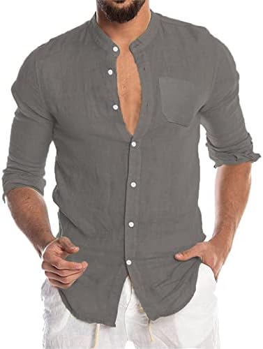 ZDDO košulje od pamučnih posteljina za muške, Ljetna jesen dugačka rukava Donjim košuljama bez ovratnika s prednjim džepom