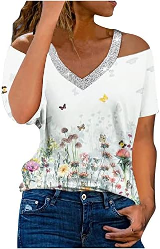 Ženske seksi hladne drhtave vrhove v vrat cvjetni otisak ljetne majice kratka rukava labava majica osnovne haljine tunike