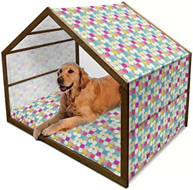 Ambsonne Vintage drvena kuća za pse, patchwork uzorak s polka točkicama i prugama na plavoj toniranoj pozadini šarene, zatvorene i