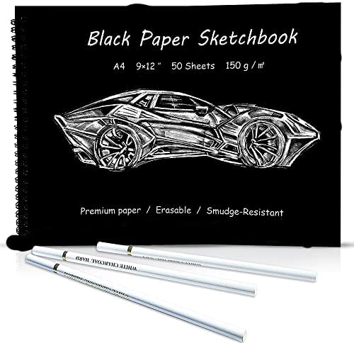 VIHIBISCUS DECOR - SKICKAKA ZA CRTANJE - Knjiga crnih papira 9x12 inča s 3 olovke s bijelim ugljenom - debeli spiralni crni građevinski