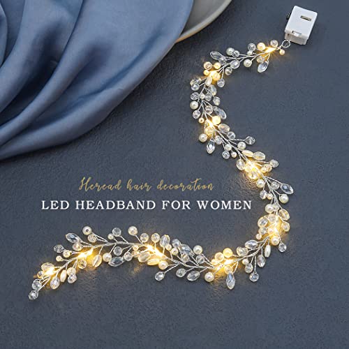 + LED srebrno osvijetljeno vjenčano pokrivalo za glavu, rhinestones, vjenčana loza za kosu, užarena biserna traka za glavu, Dodaci