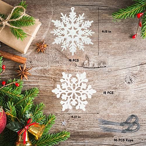 Hidreams 36pcs Bijeli ukrasi snježne pahuljice za ukrasi za božićno drvce, božićni plastični sjaj viseći snježna pahuljica za zimsku