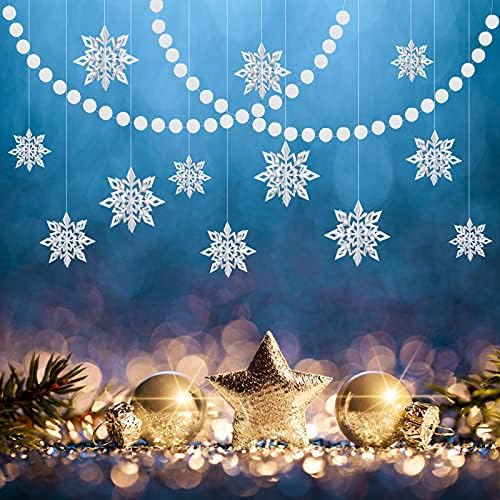 AKAZ 12PCS 3D biser bijeli sjaj snježne pahuljice i 2 žice White Circle Dot Garland Zimske božićne zabave Dekor, Nova godina zabava
