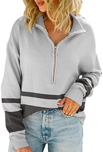 Xinshide kardigan džemperi za žene chunky pleteni pola patentnog zatvarača pulover casual prugasti o ovratnik za ovratnik dugi rukav
