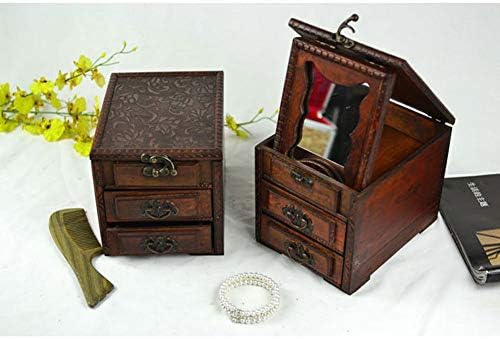 QTT kutije za nakit drvena kutija nakita Tri sloja s zaključanom ogledalom retro kutija za odlaganje za prstenaste naušnice narukvica