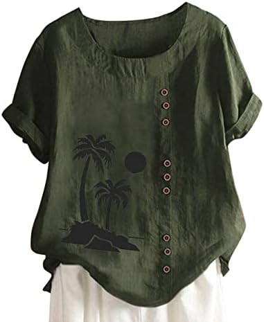 Preveliki vrhovi za žene pamučne lanene majice kratkih rukava modne tropske tiskane košulje gumba bluza bluza