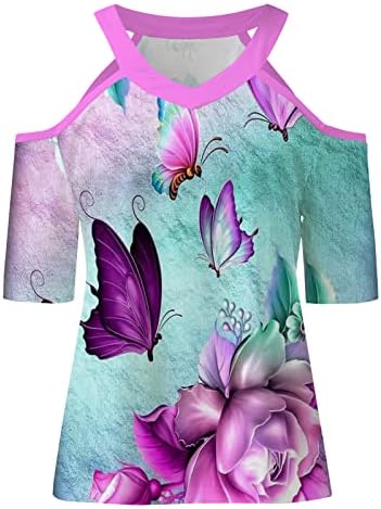 Gradijent leptir cvjetne bluze ženske kratke rukave hladno rame v vrat spandex tople nejasne bluze košulje dame dame