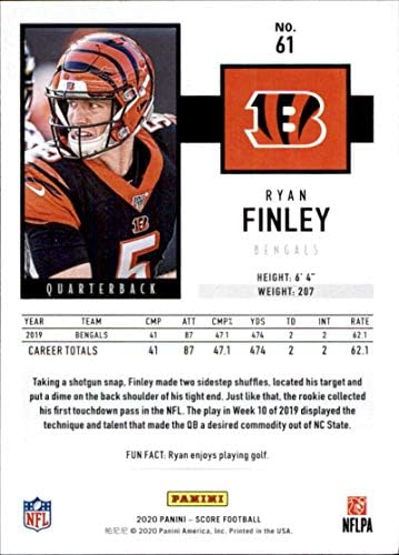 2020. rezultat 61 Ryan Finley Cincinnati Bengals NFL Football Card NM-MT