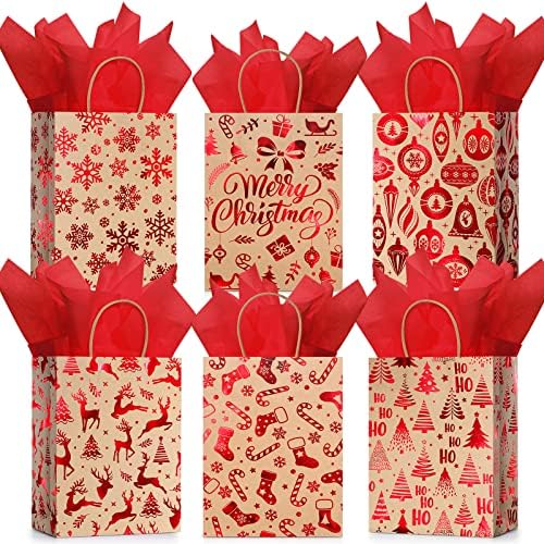 24 PCS božićne poklon vrećice s papirom od tkiva, sretan božićni Xmas Kraft Papir Dobine torbe s ručkama skupno za božićni poklon zamotavanje