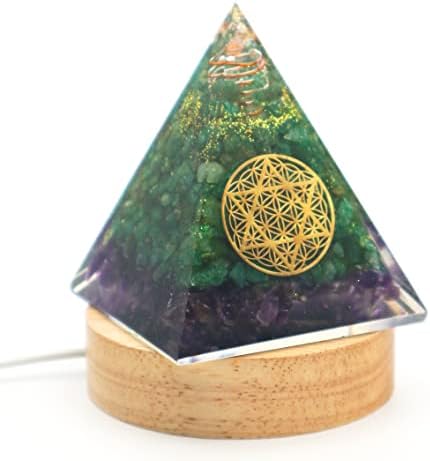 Lulu's Box Orgone Pyramid Combo Amethyst i Malahite Crystal, LED drvena baza