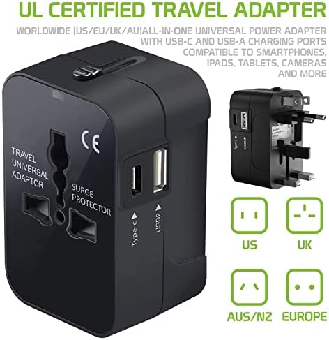 Travel USB Plus International Power Adapter kompatibilan s HTC Desire 516 za svjetsku energiju za 3 uređaja USB Typec, USB-A za putovanje