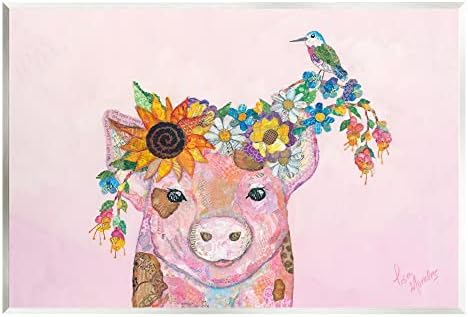 Stupell Industries Cvjetna ružičasta mala piggy i ptičja životinja kolaž drvena zidna umjetnost, dizajn Lisa Morales