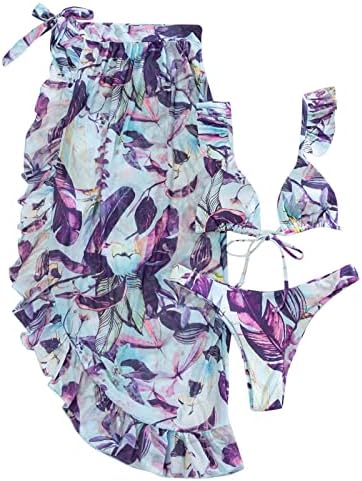 Ženski kupaći kostimi od 3 komada, trodijelna suknja s printom s volanima, podesiva biljka