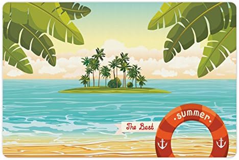 Prostirka za kućne ljubimce za hranu i vodu, ilustracija otoka kokosove palme u moru s oblačnim ljetnim nebom, pravokutna neklizajuća