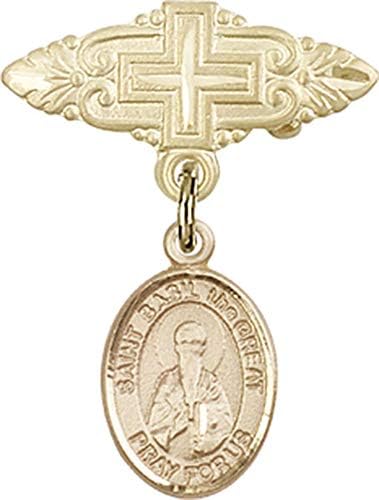 Dječja značka u A-listi ispunjena zlatom s amuletom Svetog Bazilija Velikog i pribadačom za značku s križem