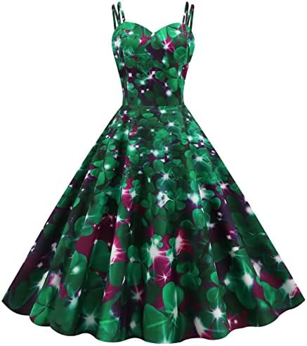 Ženske vintage haljine iz 1950-ih, elegantna večernja haljina bez rukava s printom zelene djeteline, koktel ljuljačka haljina za Dan