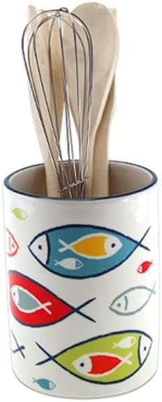 013073 bijeli keramički stalak u morskom stilu sa šarenim uzorkom ribe i drvenim posuđem, 6,29 inča