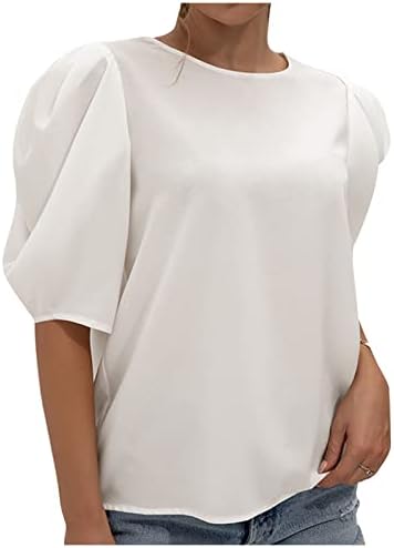 Lcepcy obični ljetni vrhovi za žene puff rukave okrugli vrat majice labave bluze za nošenje s gamašama