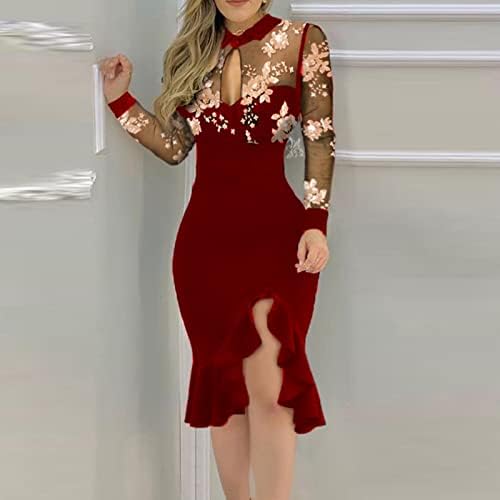 2023 seksi elegantna ženska mrežasta haljina s čipkastim rukavima i suptilnim volanima za koktel zabavu