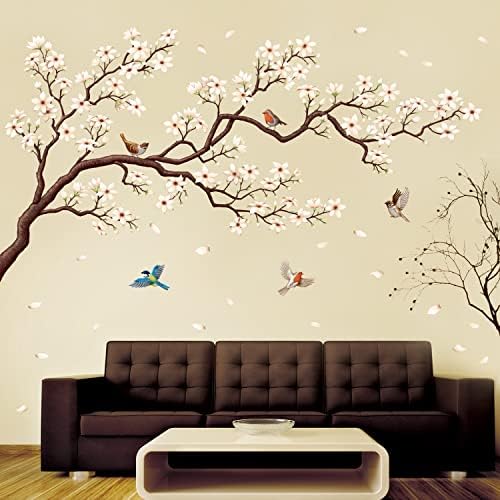 2213 orijentalne Zidne naljepnice s cvjetnim drvetom, bijele naljepnice od trešnje oguljene i zalijepljene na njih, spavaća soba, dnevni