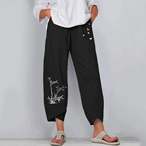 UBST žene ispisuju elastične hlače za noge široke noge dame ležerne ravne hlače Capri Harema Teretne hlače s džepom