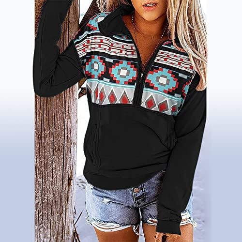 Majica s kapuljačom za žene, ženski casual Aztec pulover s geometrijskim ovratnikom s patentnim zatvaračem, majice s džepom