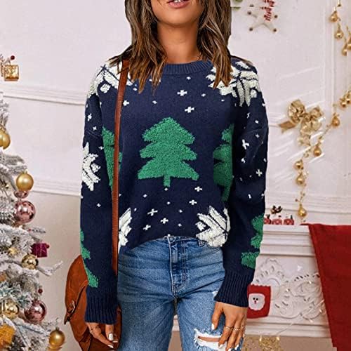 Sretan božićni džemperi za žene kratki okrugli vrat Dugi rukav Božićni uzorak dnevni ležerni pulover pulover