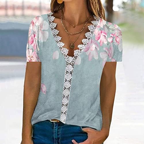 Ženski modni proljetni ljetni tiskani kratki rukavi čipka od čipke bluza v-izrez casual bluza