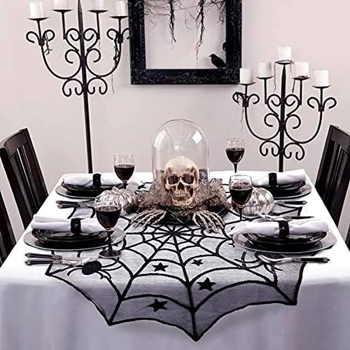 Ukras okruglog stolnjaka od 90, Vezeni čipkasti stolnjak s crnom paučinom za ukrašavanje domaćeg blagdanskog stola za Noć vještica