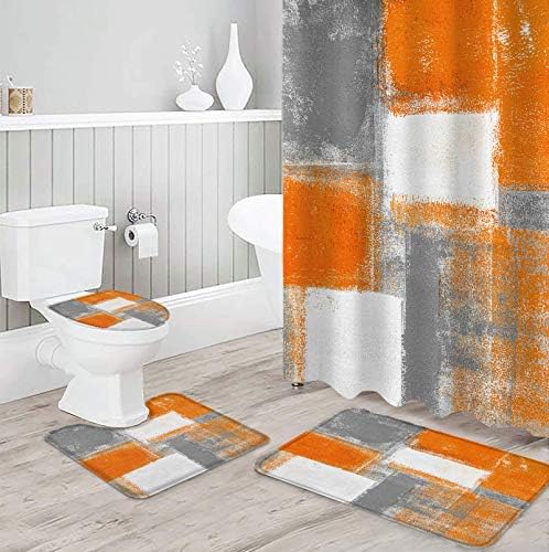 4 komada Sažetak grafita zavjese za tuširanje sagorjeli narančasti i sivi moderni umjetnički setovi za kupaonice s prostirkima s klizanjem,