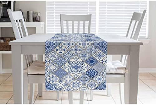 Hosnye stol trkač plava bijela pločica za patchwork u španjolskom stilu, pamučni laneni stol dekoracija za kuhinjsku obiteljsku večeru