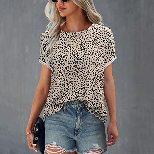 Kratki rukavi pamučni čamac s čamcem grafički leopard print labavi fit casual majica bluze za žene košulja 7K